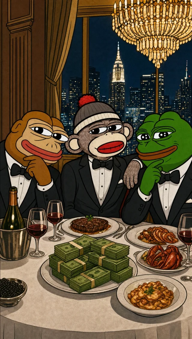 Luno and two friends in tuxedos at a dinner table above the city at night