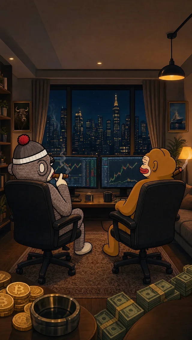 Luno and a friend at the trading desk at night, city lights through the window