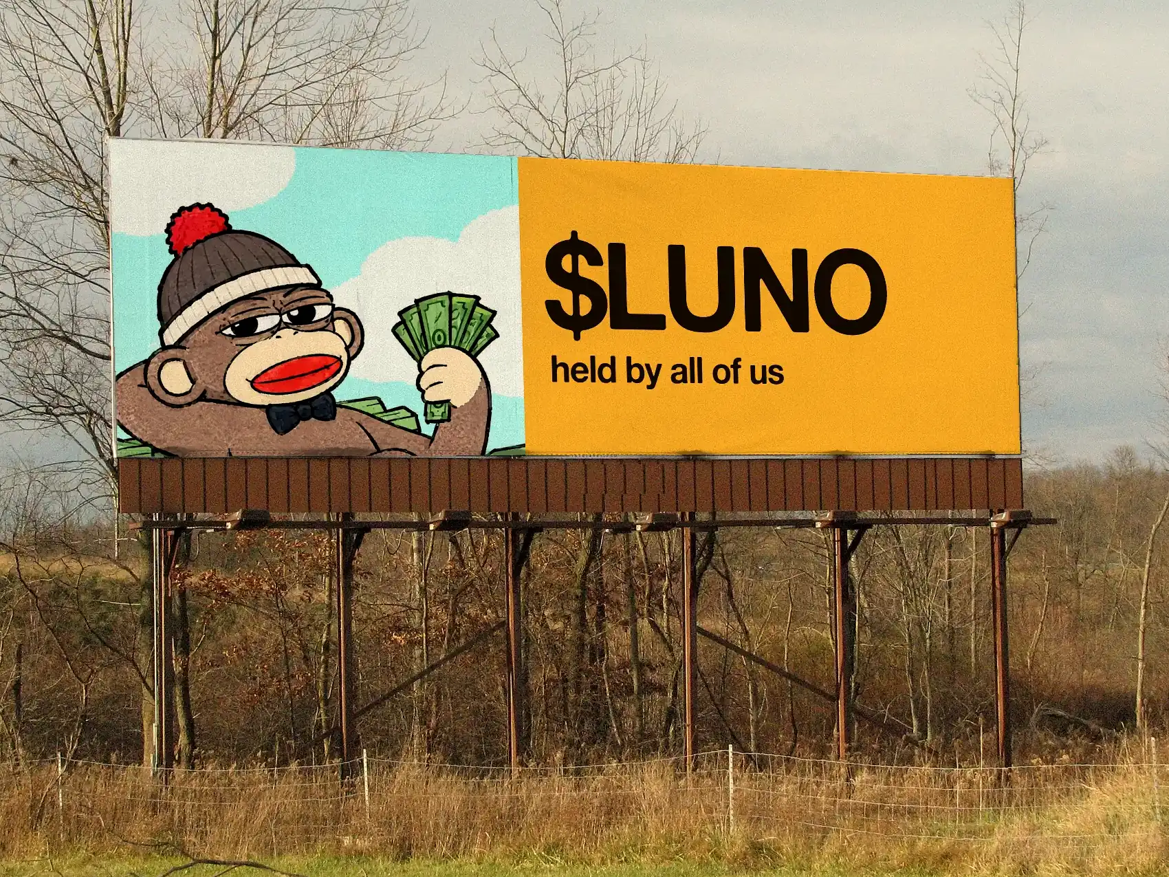 A roadside billboard of Luno holding cash, reading $LUNO, held by all of us