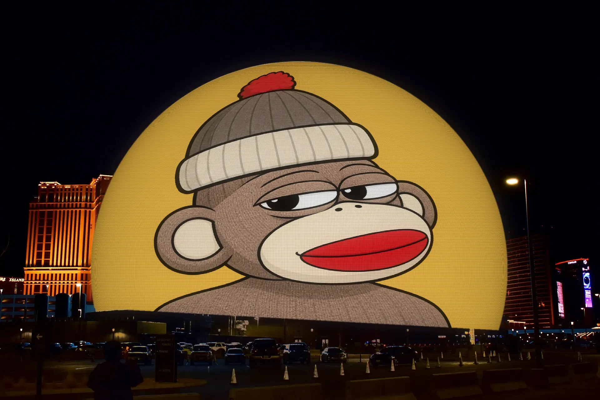 The Sphere in Las Vegas at night lit up with Luno